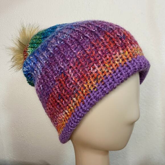 Beanie Hat Adult Multicolor Stripe Cuff Boho Slouchy Knitted Winter Ski Handmade - Picture 2 of 7